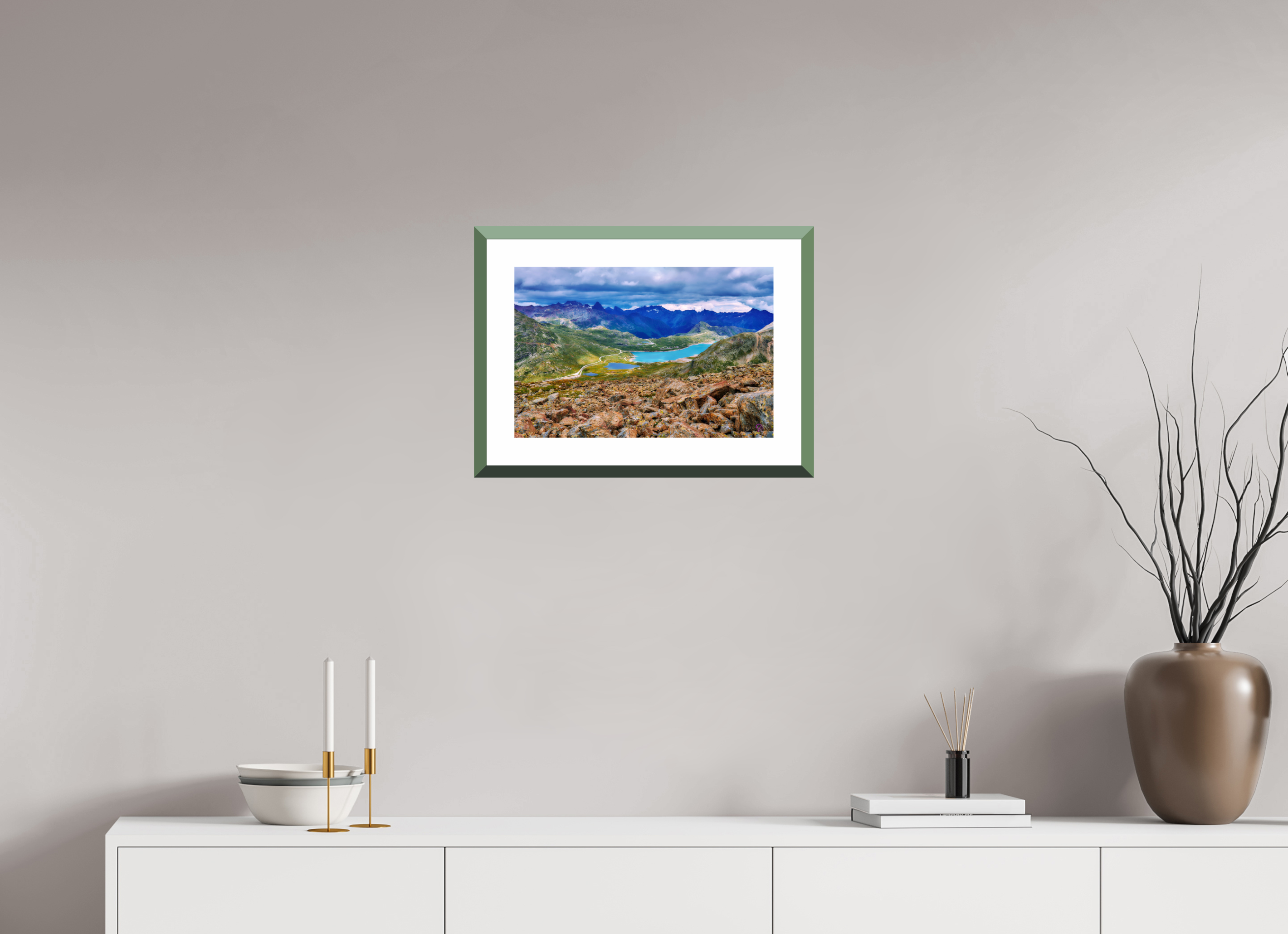 45 x 30 cm, Alu dibond, Rahmen grün, 5cm weissrand Diavolezza 7