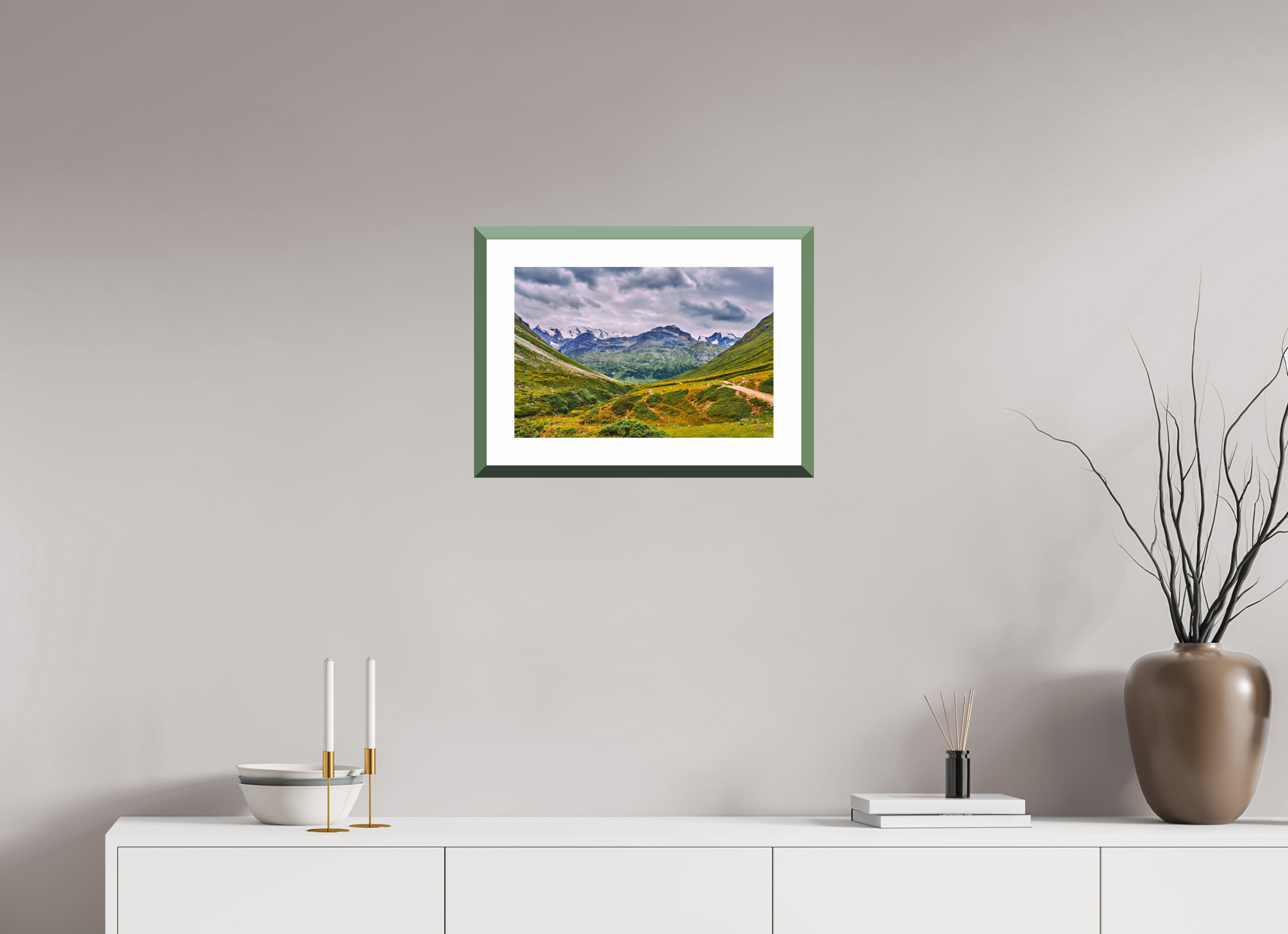 45 x 30 cm, Alu dibond, Rahmen grün, 5cm weissrand Diavolezza 2