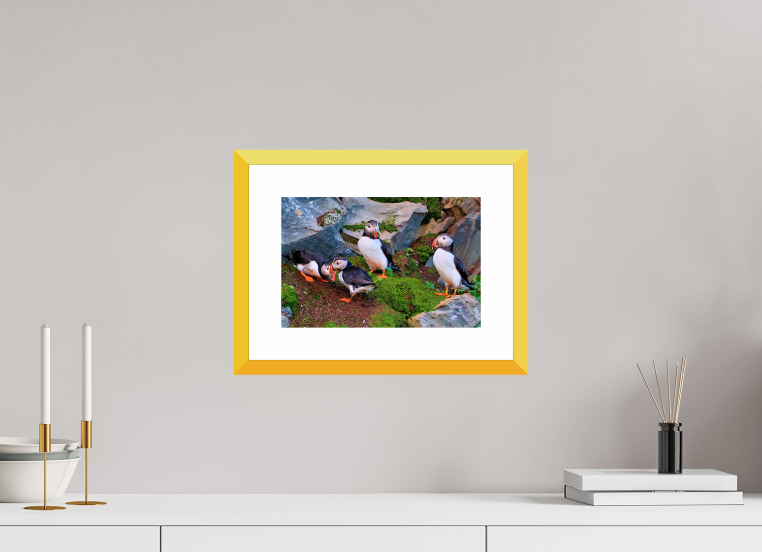30 x 20 cm, Fine Art alu dibond, Rahmen gelb, 5cm weissrand Puffin 9