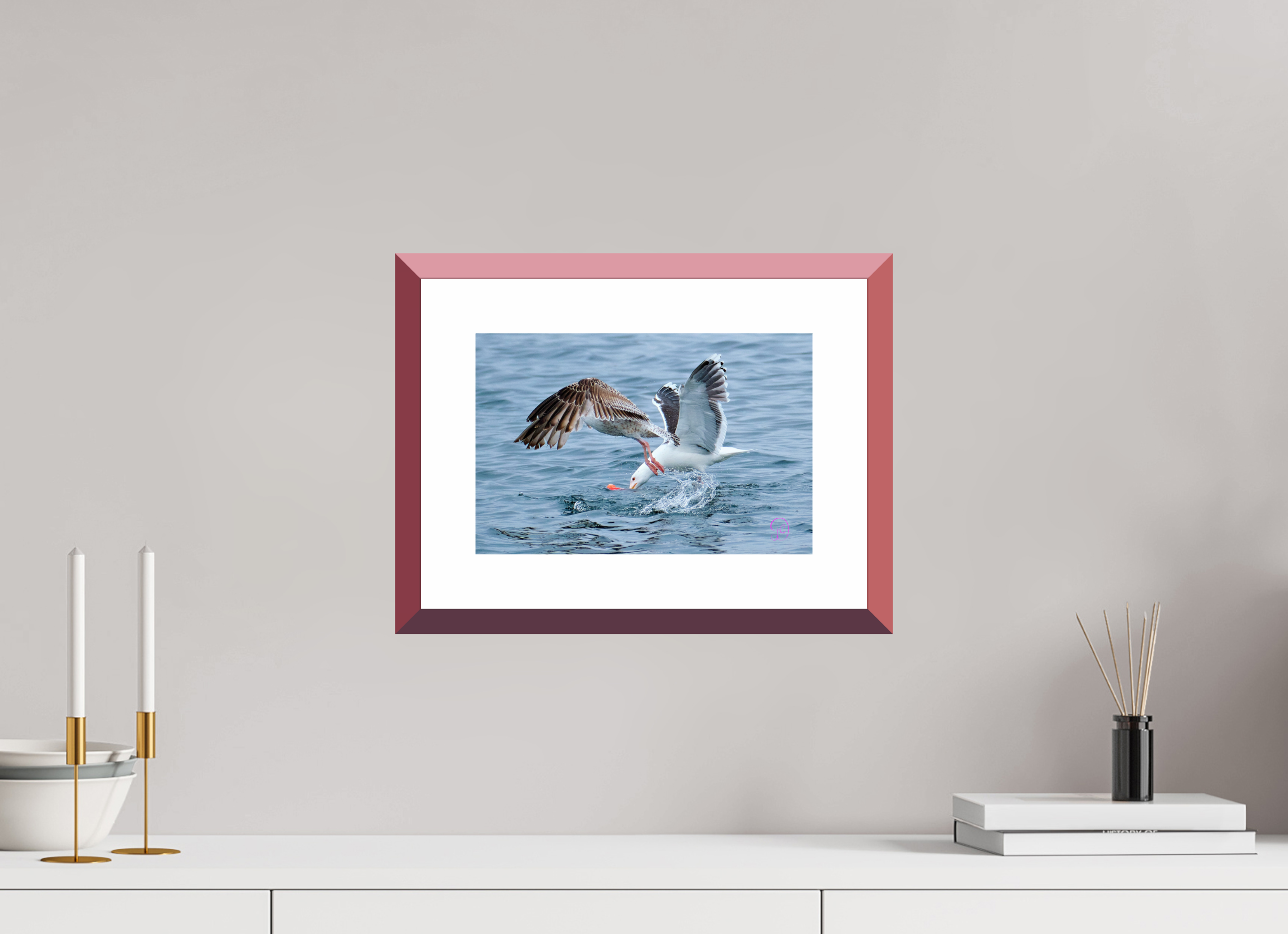 30 x 20 cm, Alu Dibond, Rahmen Rot, 5cm Weissrand Seagull