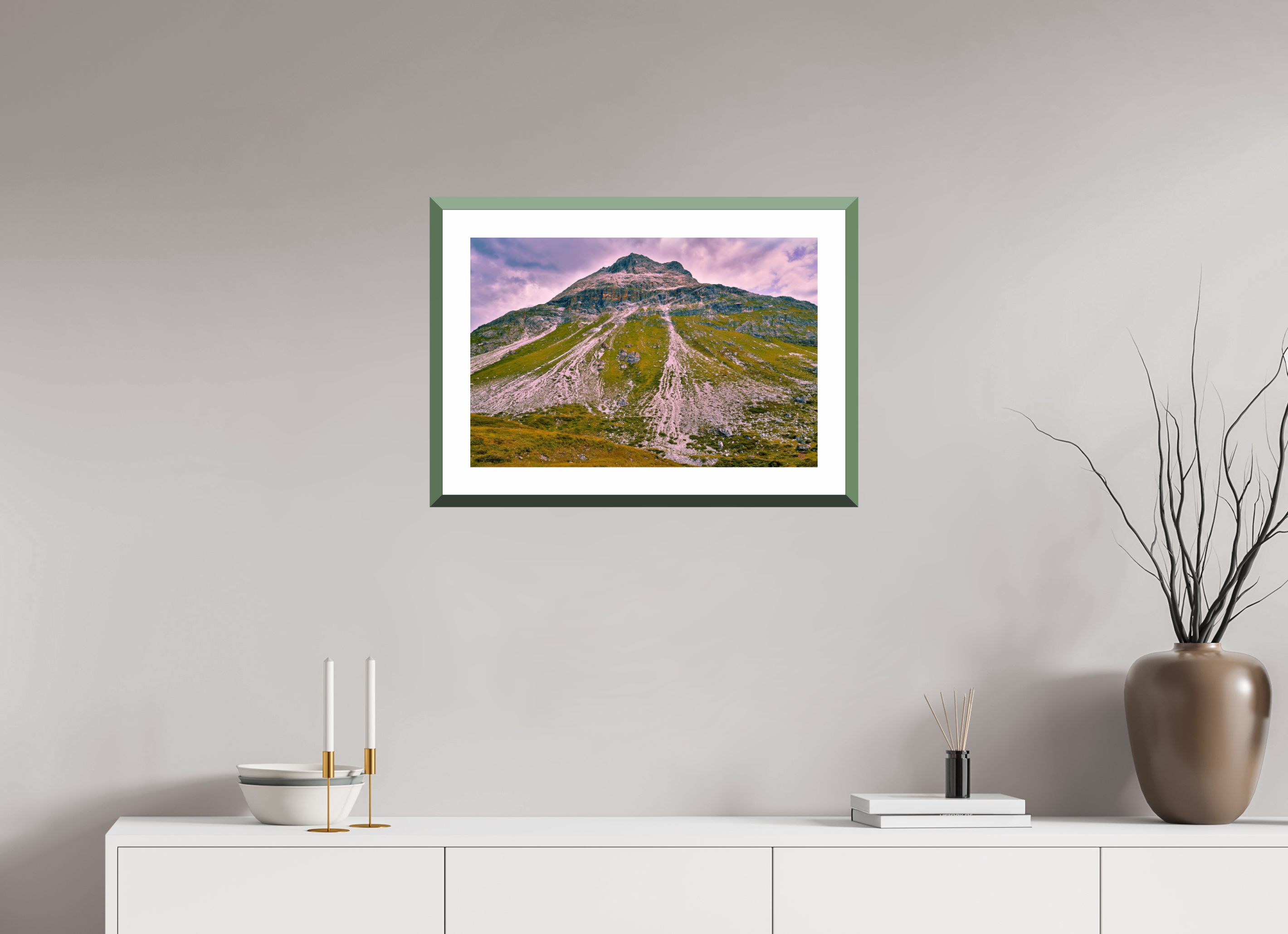 60 x 40 cm, Alu dibond, Rahmen grün, 5cm weissrand Diavolezza 1